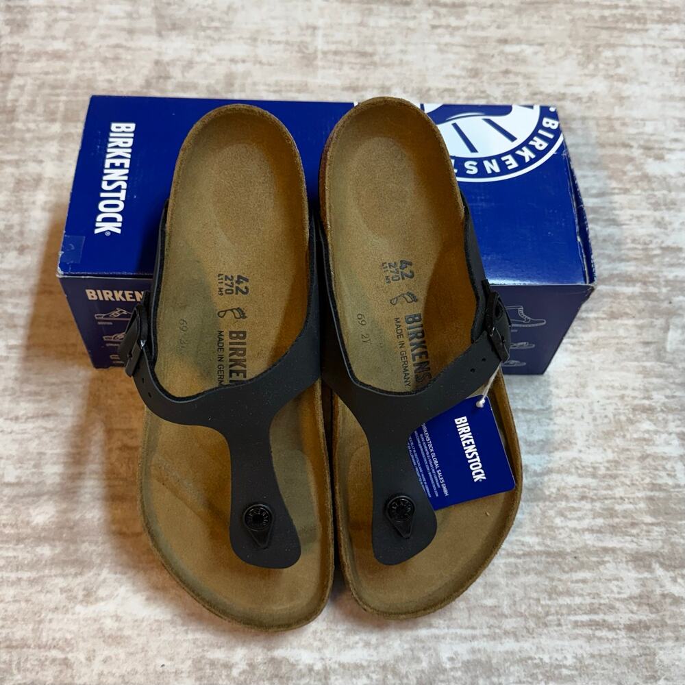 Birkenstock Gizeh 42 Womens 11 Mens 9 Black Leather Cork Sandals Regular Fit New